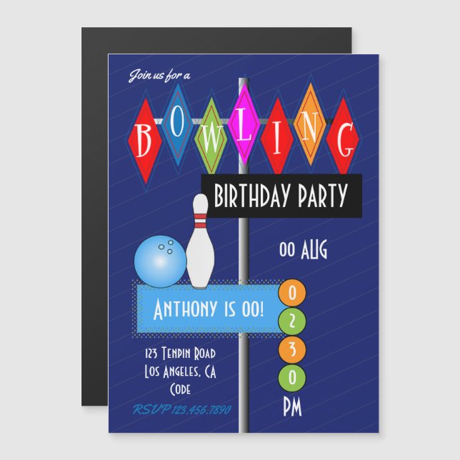 Royal Blue Retro Bowling Birthday Party Magnetic Invitation (Front/Back)