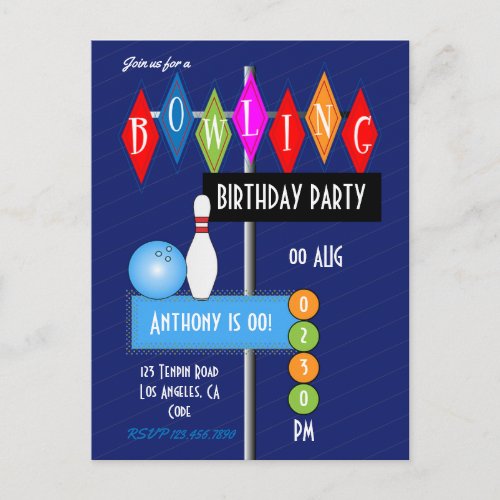 Royal Blue Retro Bowling Birthday Party Postcard