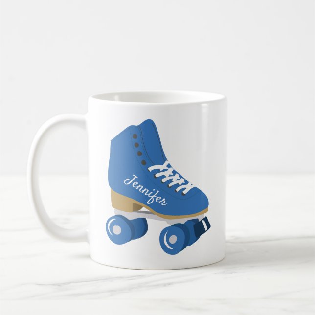 Royal Blue Retro Quad Roller Skate Personalized Coffee Mug (Left)
