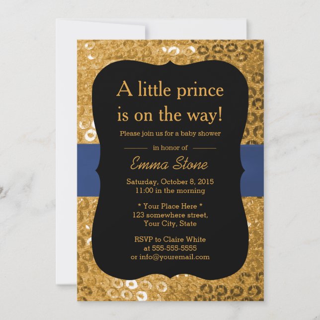Royal Blue Ribbon Black & Gold Baby Shower Invitation (Front)