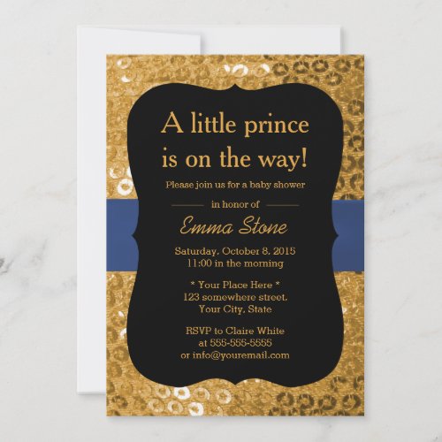 Royal Blue Ribbon Black &amp; Gold Baby Shower 5x7 Paper Invitation Card