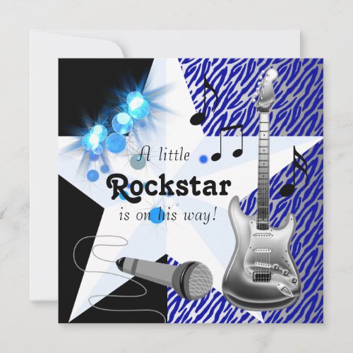 Royal Blue Zebra Rock Star Baby Boy Shower Personalized Invite