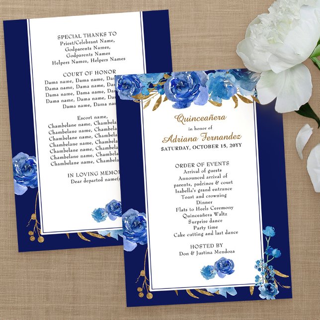 Royal Blue Rose and Elegant Gold Leaf Quinceanera Program (Program Order of Events card from my Rose and Gold Leaf quinceanera collection)