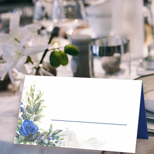 Royal Blue Rose and Eucalyptus Leaves Place Card