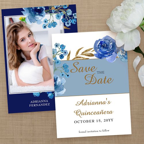 Royal Blue Rose and Gold Leaf Quinceanera Photo Save The Date