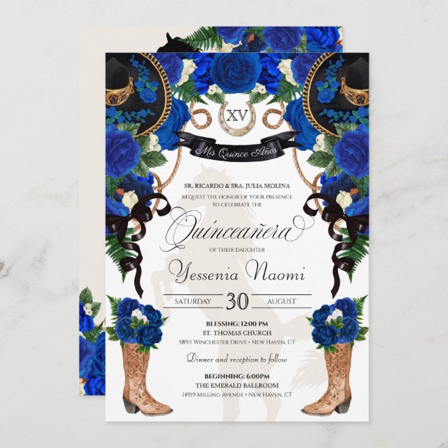 Royal Blue Rose & Black Western Charro Quinceanera Invitation (Front/Back)
