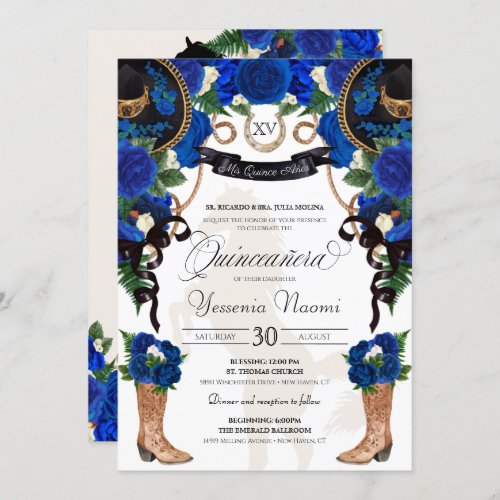 Royal Blue Rose  Black Western Charro Quinceanera Invitation