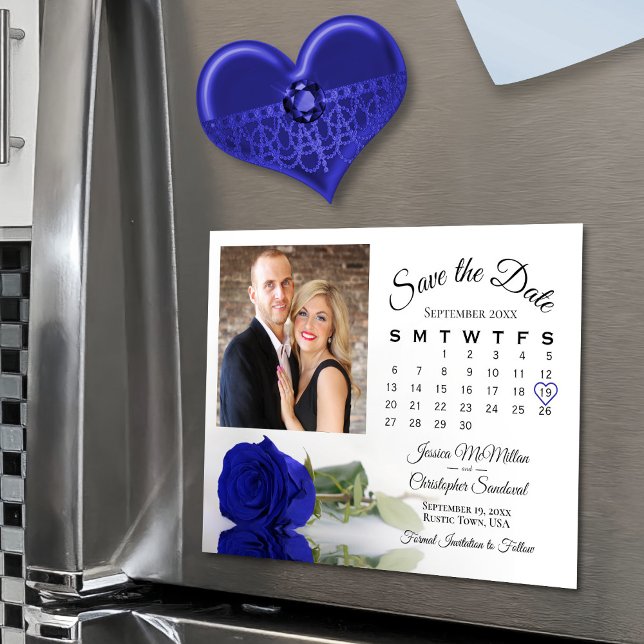 Royal Blue Rose Calendar & Photo Save Date Magnet (Magnetic for easy display!)