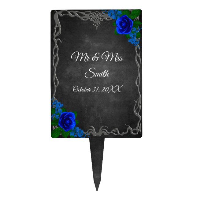 Royal Blue Rose Chalk Board Fall Wedding Cake Topper (Front)