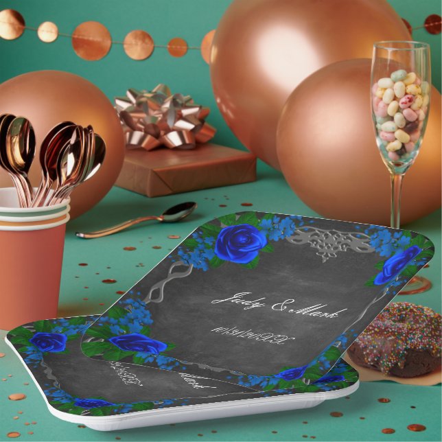 Royal Blue Rose Chalk Board Fall Wedding Paper Plates (Multi)