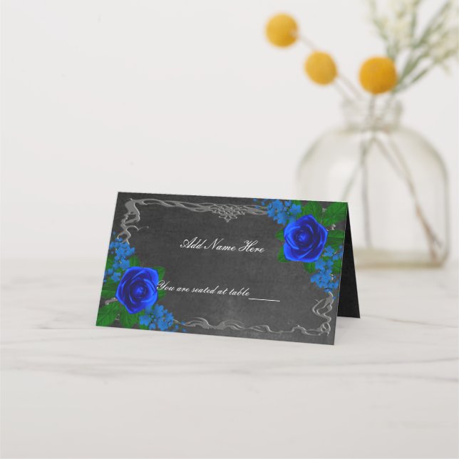 Royal Blue Rose Chalk Board Fall Wedding Table  Place Card (Front)