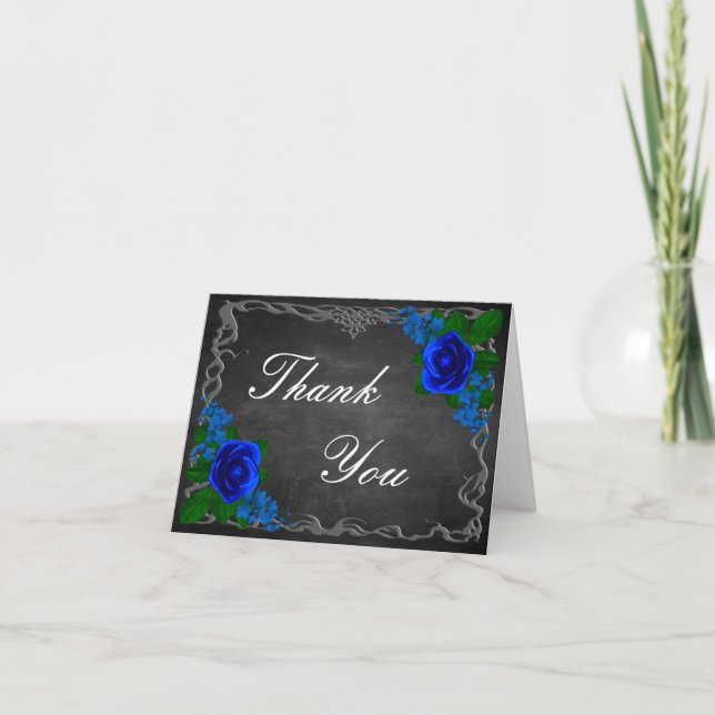 Royal Blue Rose Chalk Board Fall Wedding  Thank You Card (Front)