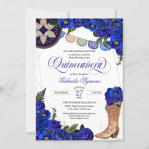 Royal Blue Rose Charra Cowgirl Western Quinceaera Invitation