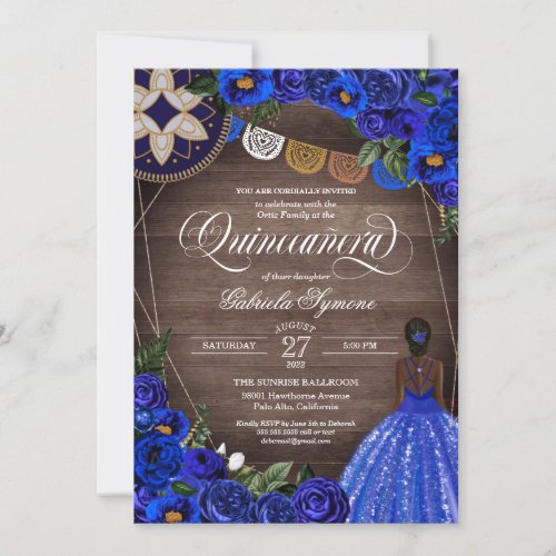 Royal Blue Rose Charro Country Glam Quinceanera Invitation