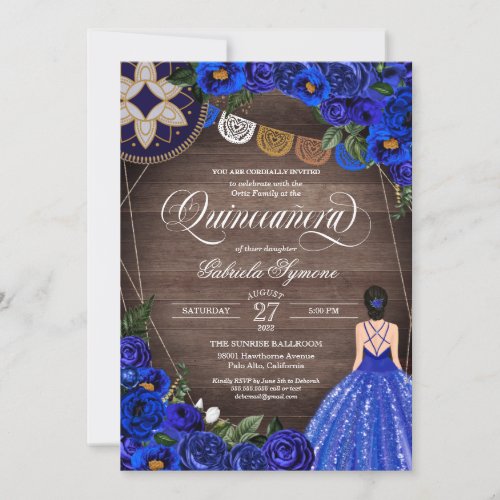 Royal Blue Rose Charro Country Gown Quinceanera Invitation