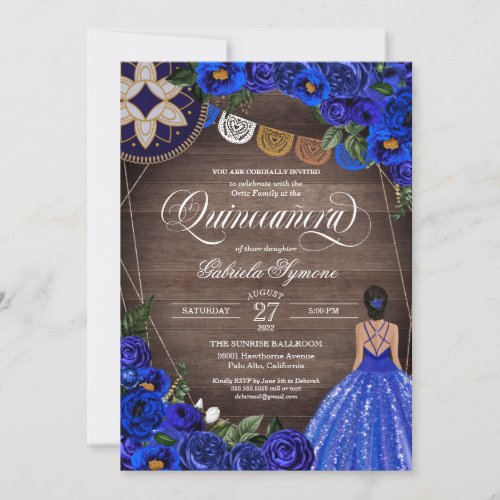 Royal Blue Rose Charro Country Gown Quinceanera  Invitation