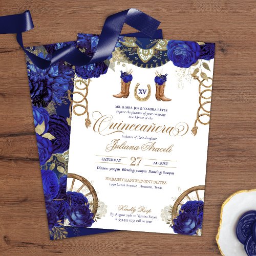 Royal Blue Rose Country Western Charro Quinceanera Invitation