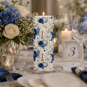 Royal Blue Rose Dove Silver Wedding Pillar Candle
