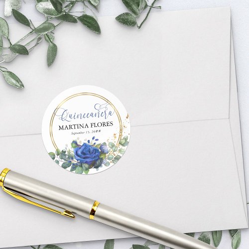 Royal Blue Rose Elegant Calligraphy Quinceanera Classic Round Sticker