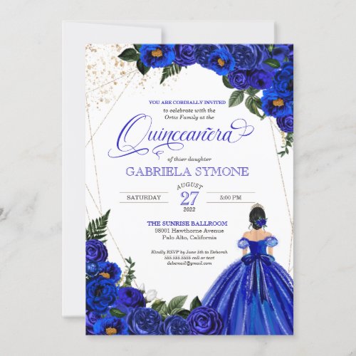 Royal Blue Rose Elegant Dress Tiara Quinceanera Invitation