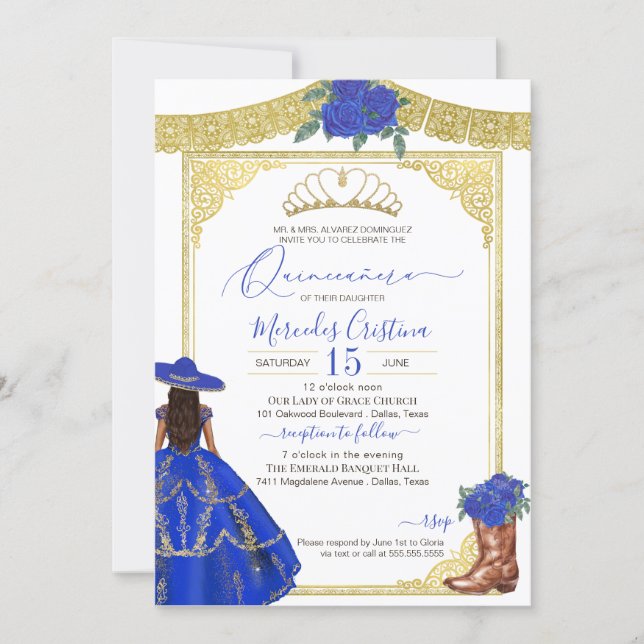 Royal Blue Rose Elegant Western Charro Quinceanera Invitation (Front)