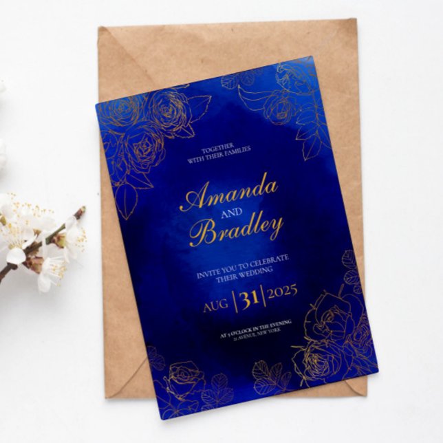 Royal Blue Rose Fancy Gold Lace QR Code Wedding Invitation (Creator Uploaded)