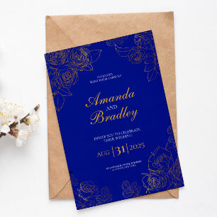 Royal Blue Rose Fancy Gold Lace QR Code Wedding Invitation
