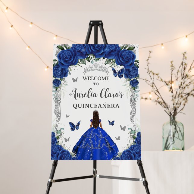 Royal Blue Rose Floral Princess Silver Quinceañera Foam Board (In Situ (Stand))