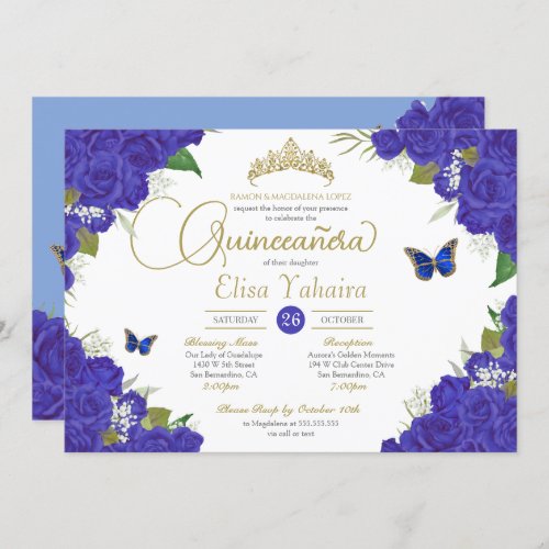 Royal Blue Rose Floral Tiara Butterfly Quinceanera Invitation