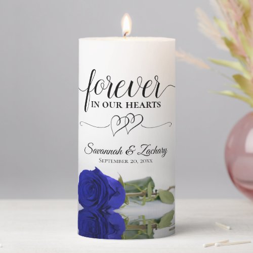 Royal Blue Rose Forever in our Hearts Memorial Pillar Candle