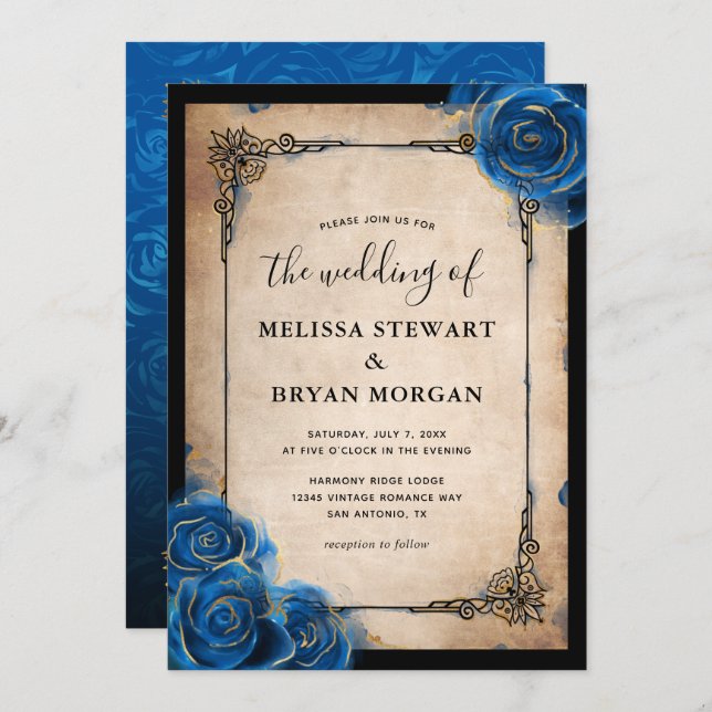 Royal Blue Rose Gold Black Vintage Elegant Wedding Invitation (Front/Back)