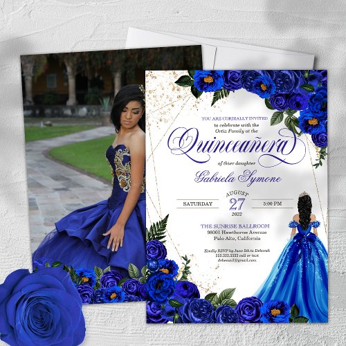 Royal Blue Rose  Gold Elegant Photo Quinceaera  Invitation