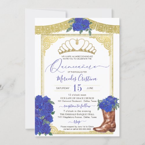 Royal Blue Rose Gold Floral Charro Quinceanera Invitation
