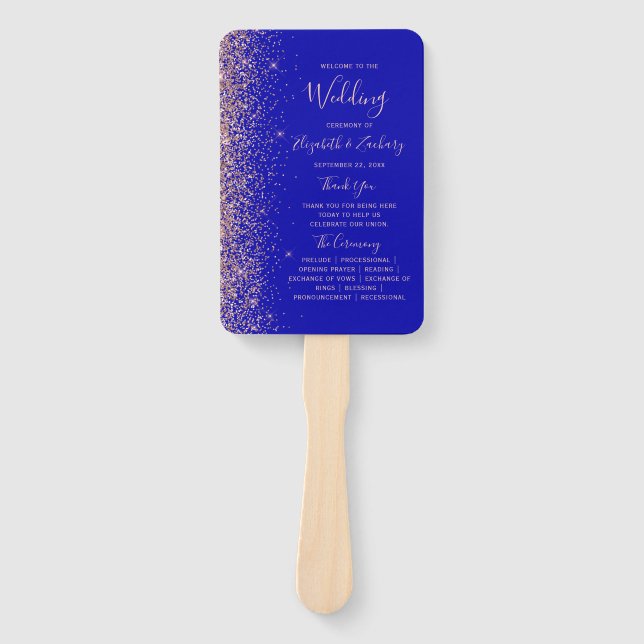 Royal Blue Rose Gold Glitter Edge Wedding Program Hand Fan (Front)