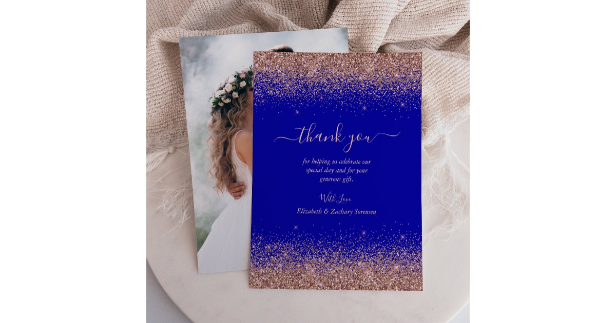 Royal Blue Rose Gold Glitter Photo Wedding Thank You Card | Zazzle
