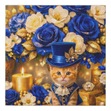 Royal Blue Rose Kitten Canvas