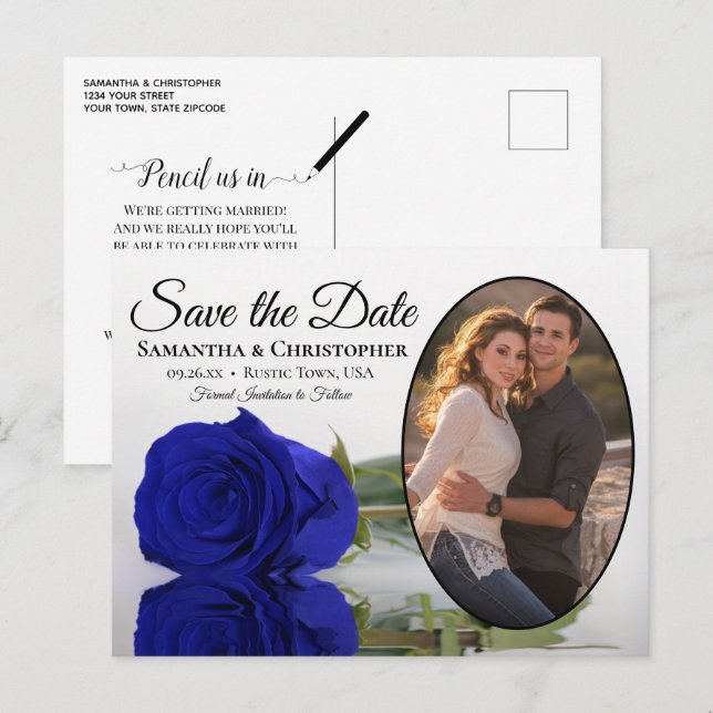 Royal Blue Rose Oval Photo Wedding Save The Date Announcement Postcard (Front/Back)