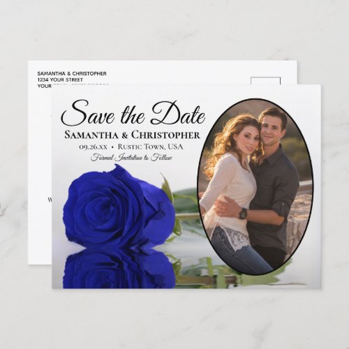 Royal Blue Rose Oval Photo Wedding Save The Date Announcement Postcard