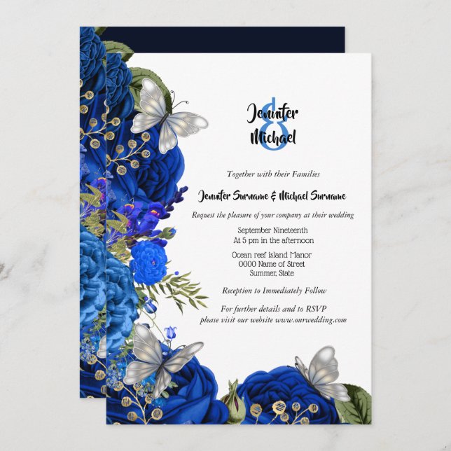 Royal blue rose silver butterfly foliage chic invitation (Front/Back)