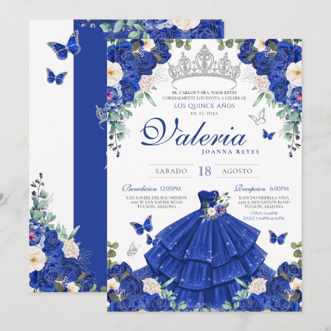Royal Blue Rose Silver Princess Quinceanera Invitation (Front/Back)