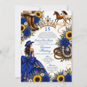 Royal Blue Rose Sunflower Vaquera Quinceañera  Invitation
