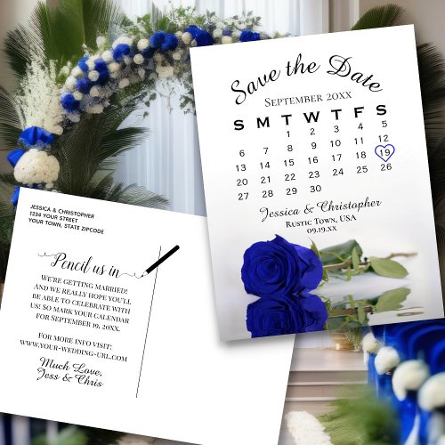 Royal Blue Rose Wedding Calendar Save the Date Announcement Postcard