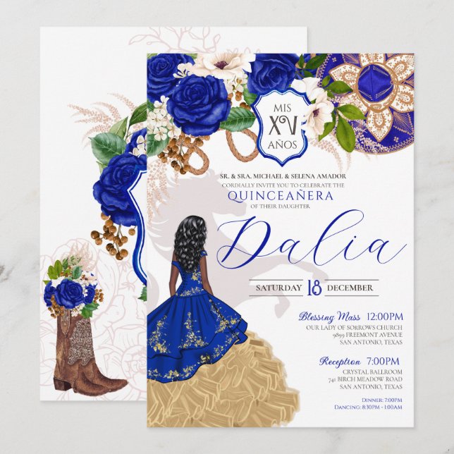 Royal Blue Rose Western Charro Crest Quinceanera I Invitation (Front/Back)