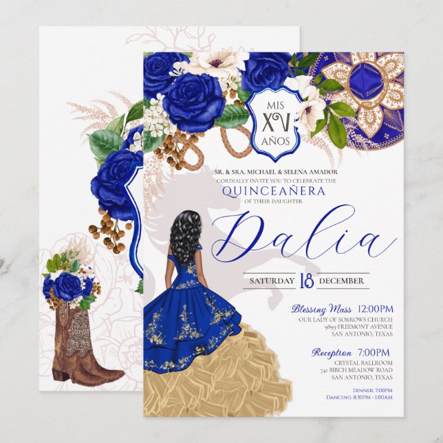 Royal Blue Rose Western Charro Crest Quinceanera Invitation (Front/Back)