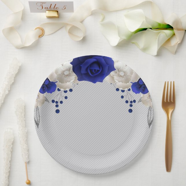 royal blue rose white flowers grey paper plates (Wedding)
