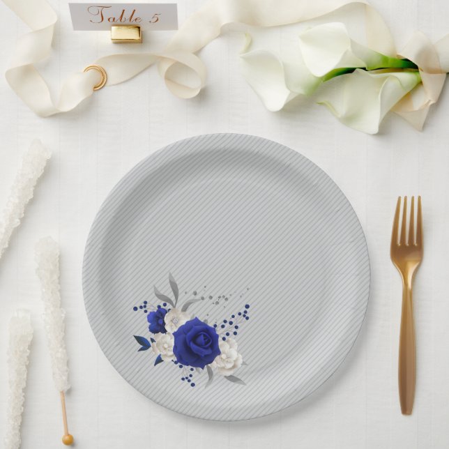royal blue rose white flowers grey paper plates (Wedding)