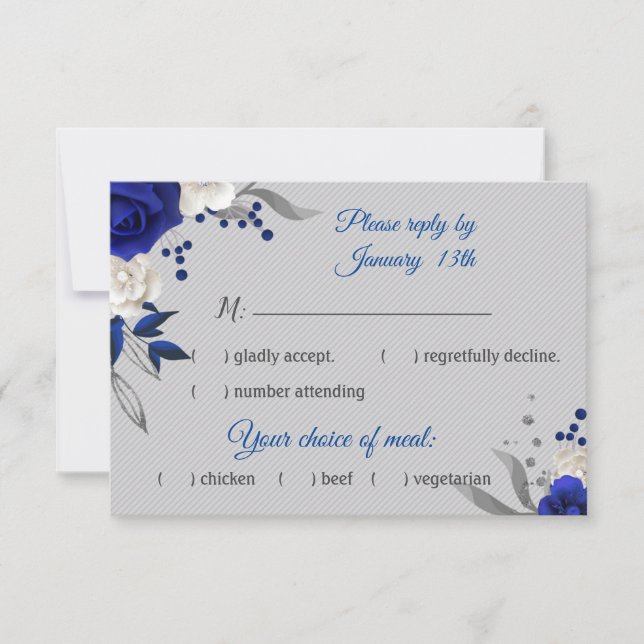 royal blue rose white flowers grey rsvp card (Front)