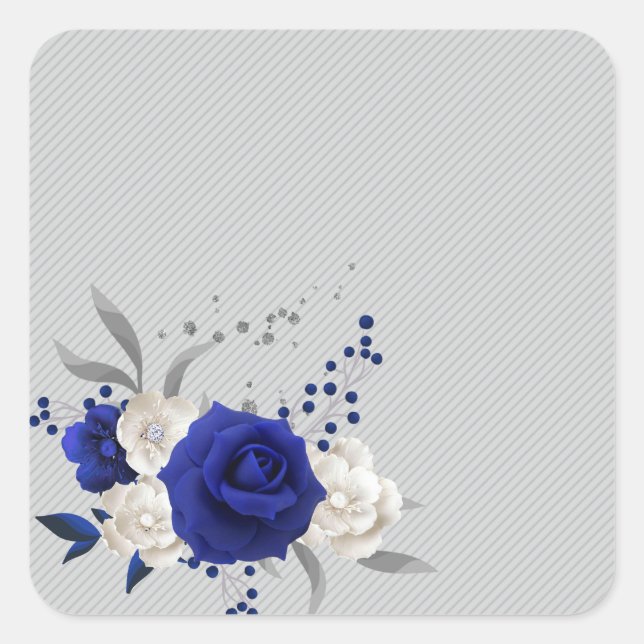 royal blue rose white flowers grey square sticker (Front)