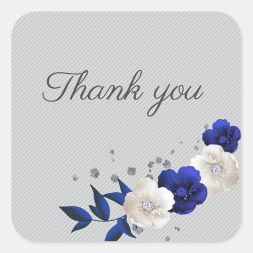 royal blue rose white flowers grey thank you square sticker