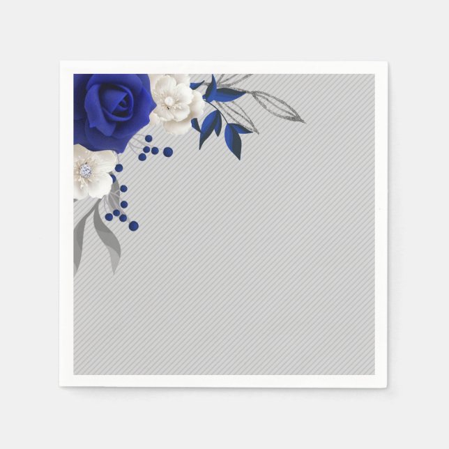 royal blue rose white flowers grey wedding napkins (Front)